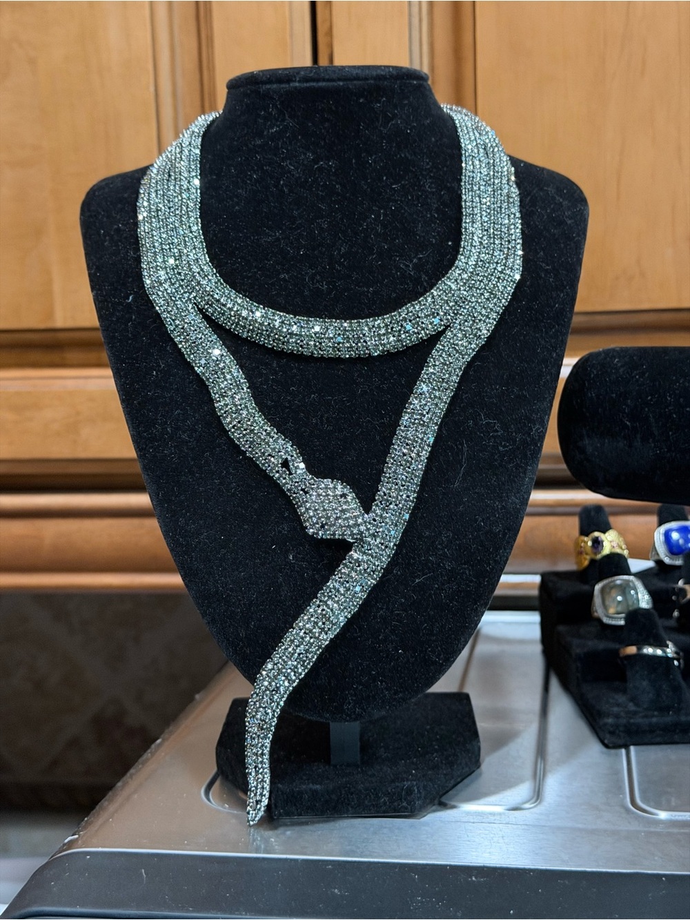 Sparkling Gunmetal Crystal Snake-Style Designer Necklace - 34.5 in with Hook